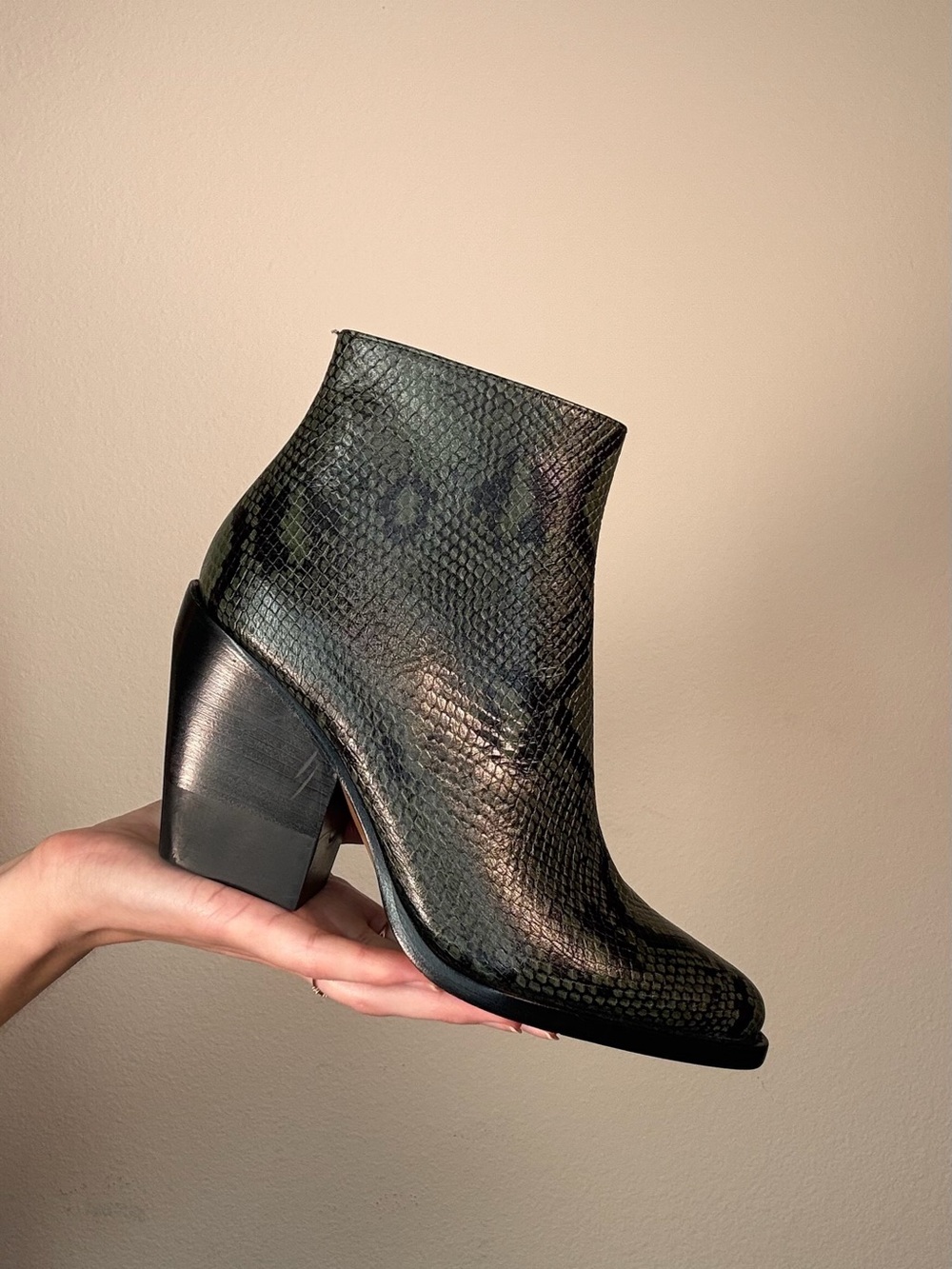 Chloe Green Snake-Embossed Ankle Boot with Block Heel